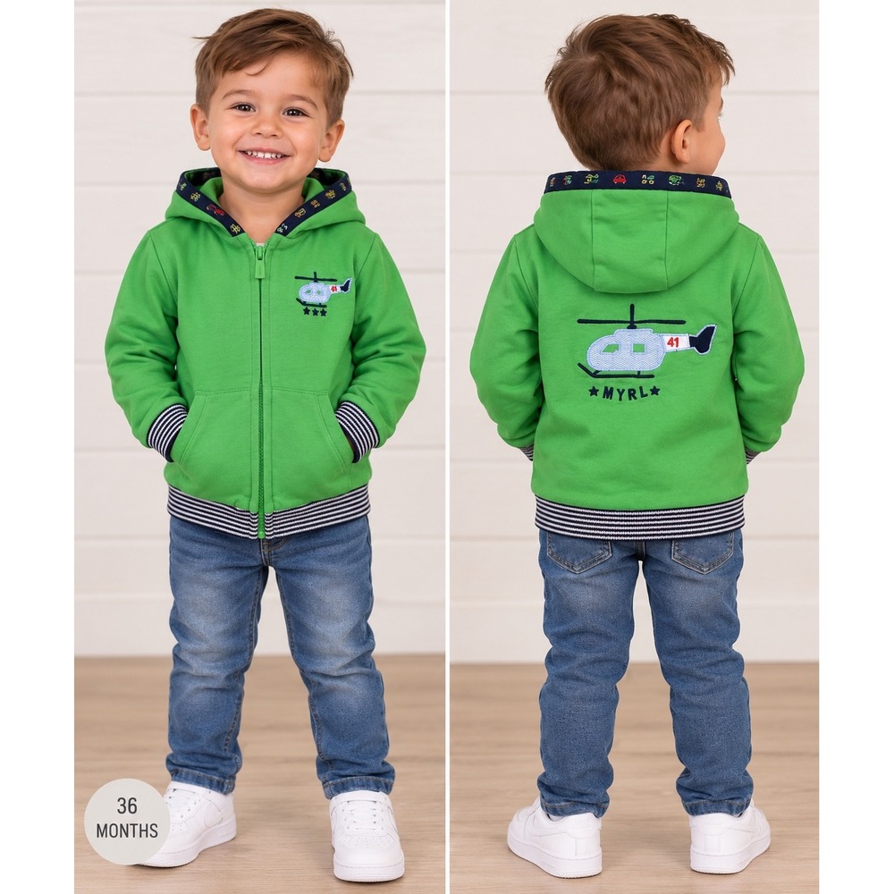 Mayoral Helicopter Hoodie Kids 36M Green Excellent Zip Up Embroidered Trim
